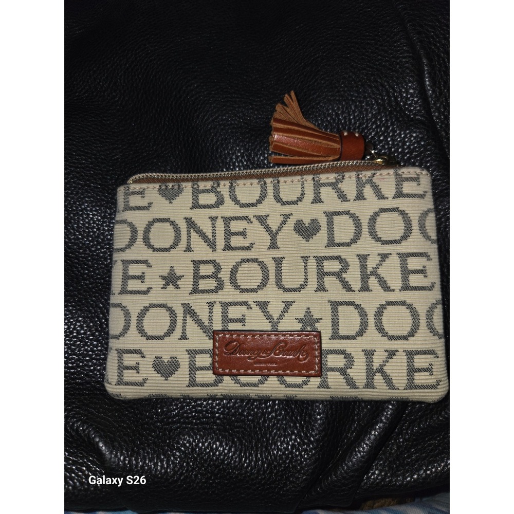 Dooney & Bourke Signature Logo Canvas Coin Purse Tassel Zip Pouch Cream Brown